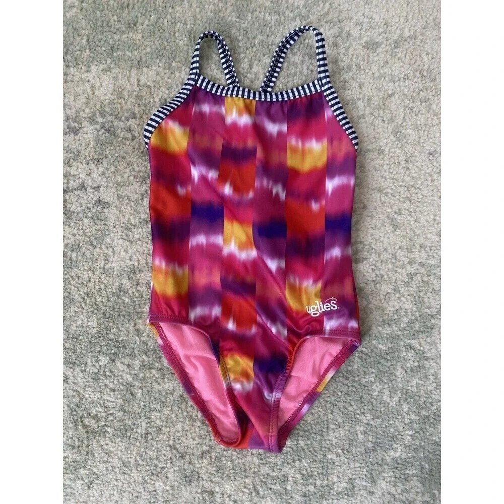 Dolfin Uglies Girls Size 8 Pink Red Water Color Multicolored Racer 1pc Swimsuit